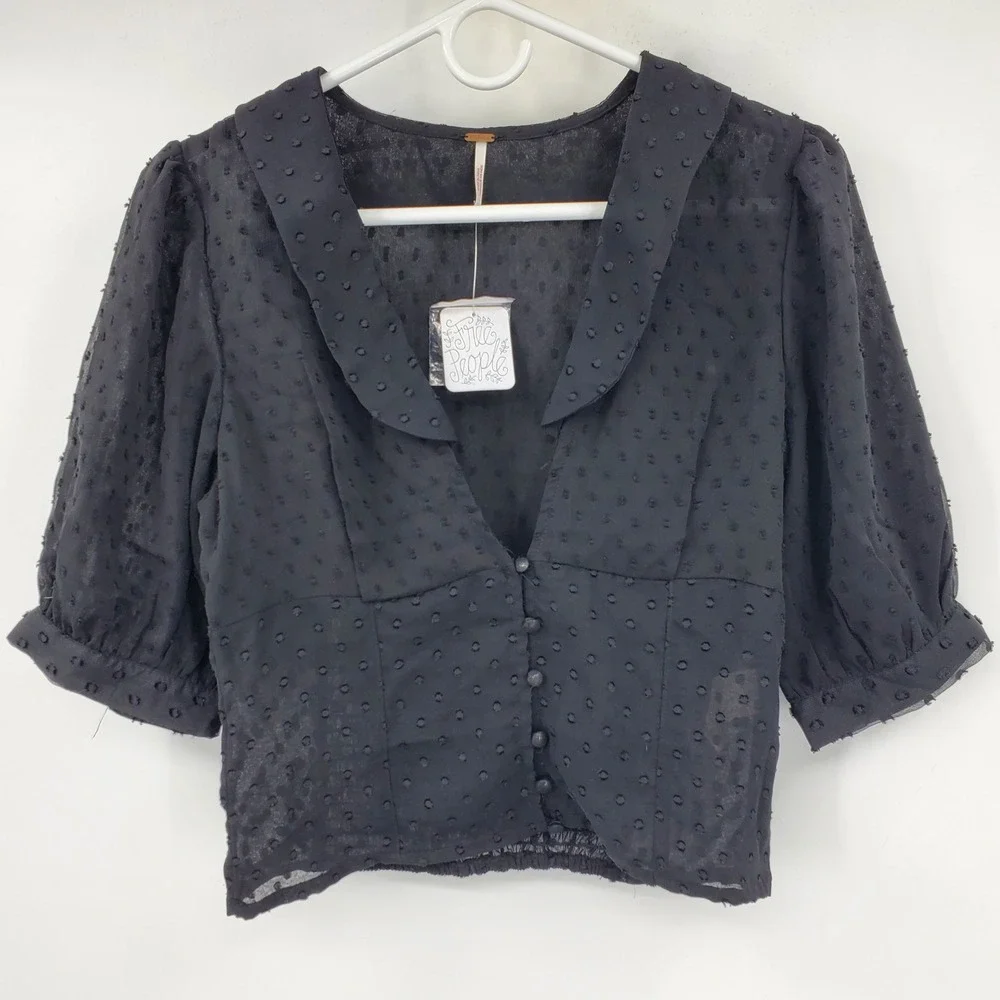 Free People Black Sheer Clip Dot Button Front Smocked Back Blouse Med Coquette